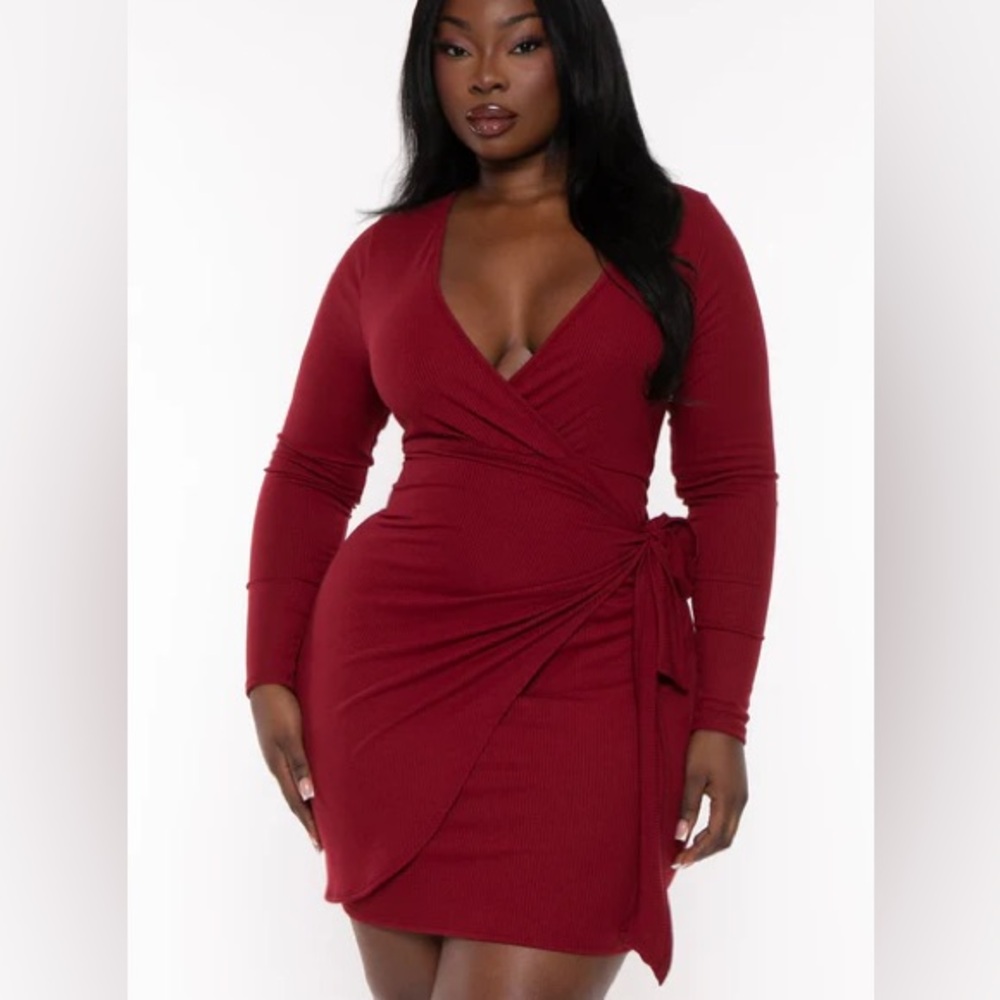 Plus Size Letty Ribbed Front Knot Dress - Burgundy